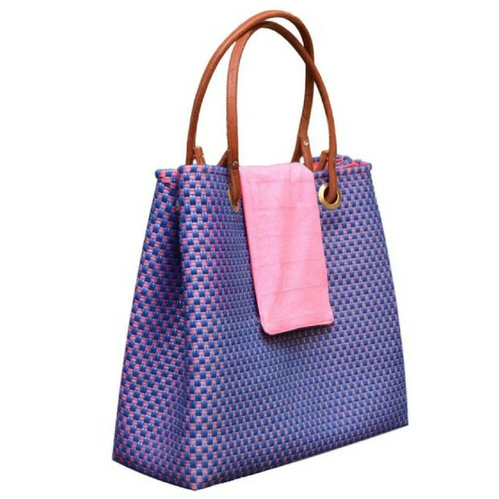 Boho Handbag Handcrafted in Oaxaca Mexico Upcycled Plastic Blue & Pink